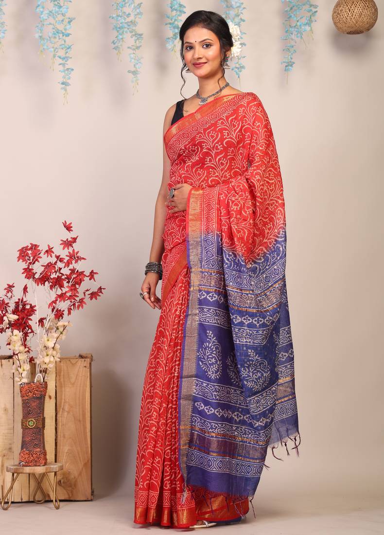 red & blue zari work cotton silk blend bhagalpuri ethnic saree with unstitched blouse