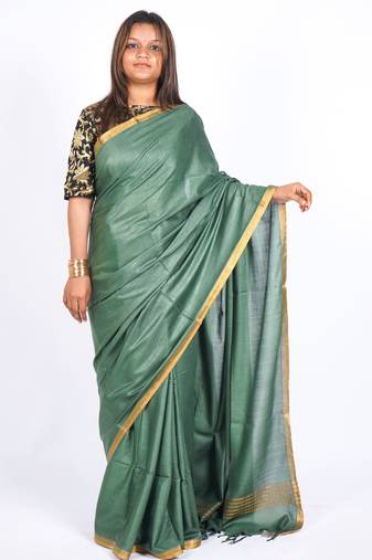 rama green zari work blended cotton staple bhagalpuri ethnic saree with unstitched blouse