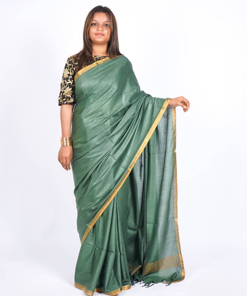 rama green zari work blended cotton staple bhagalpuri ethnic saree with unstitched blouse