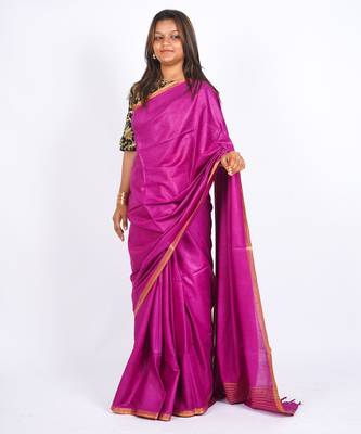 purple zari work blended cotton staple bhagalpuri ethnic saree with unstitched blouse 3
