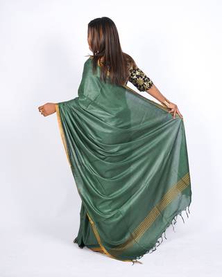 rama green zari work blended cotton staple bhagalpuri ethnic saree with unstitched blouse 2