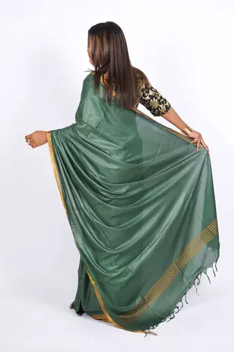 rama green zari work blended cotton staple bhagalpuri ethnic saree with unstitched blouse