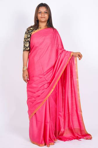 pink zari work blended cotton staple bhagalpuri ethnic saree with unstitched blouse