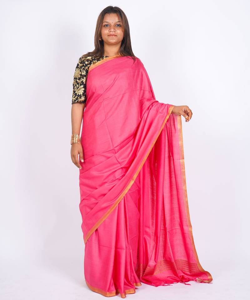 pink zari work blended cotton staple bhagalpuri ethnic saree with unstitched blouse