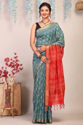teal green & red zari work cotton silk blend bhagalpuri ethnic saree with unstitched blouse