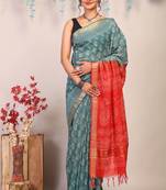 teal green & red zari work cotton silk blend bhagalpuri ethnic saree with unstitched blouse