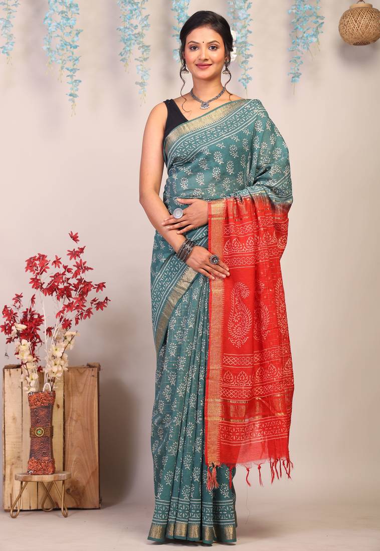 teal green & red zari work cotton silk blend bhagalpuri ethnic saree with unstitched blouse