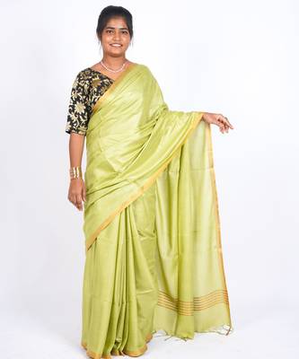 green zari work blended cotton staple bhagalpuri ethnic saree with unstitched blouse 1