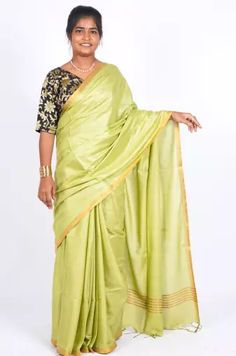 green zari work blended cotton staple bhagalpuri ethnic saree with unstitched blouse