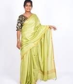 green zari work blended cotton staple bhagalpuri ethnic saree with unstitched blouse