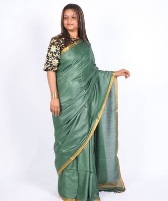 rama green zari work blended cotton staple bhagalpuri ethnic saree with unstitched blouse 3