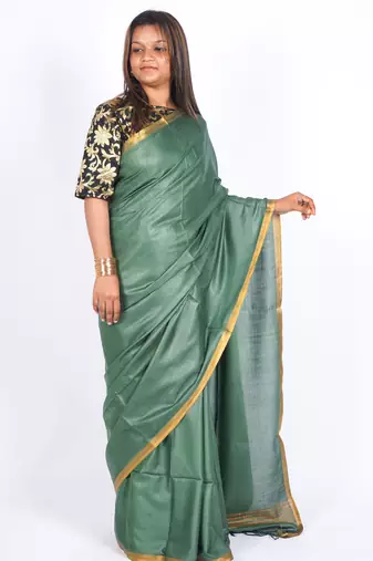 rama green zari work blended cotton staple bhagalpuri ethnic saree with unstitched blouse