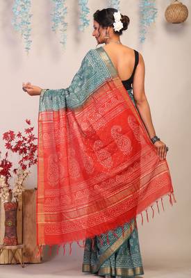 teal green & red zari work cotton silk blend bhagalpuri ethnic saree with unstitched blouse 2