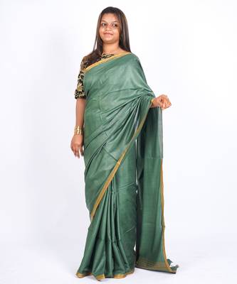 rama green zari work blended cotton staple bhagalpuri ethnic saree with unstitched blouse 4