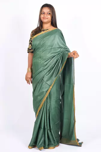 rama green zari work blended cotton staple bhagalpuri ethnic saree with unstitched blouse