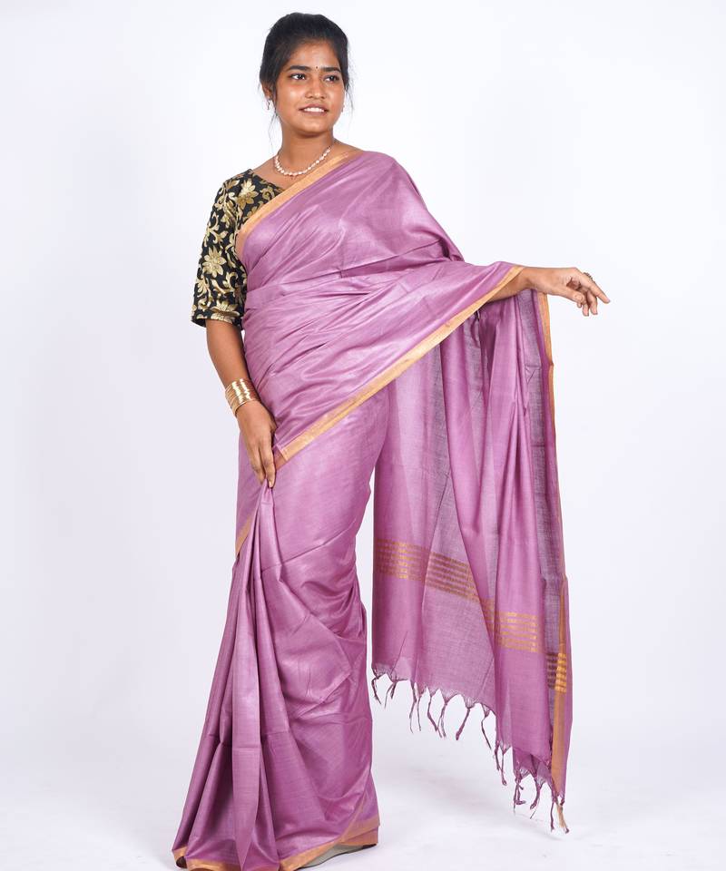 levender zari work blended cotton staple bhagalpuri ethnic saree with unstitched blouse