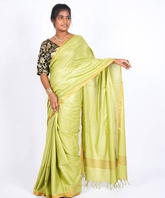green zari work blended cotton staple bhagalpuri ethnic saree with unstitched blouse 3