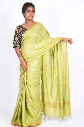 green zari work blended cotton staple bhagalpuri ethnic saree with unstitched blouse