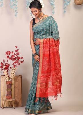 teal green & red zari work cotton silk blend bhagalpuri ethnic saree with unstitched blouse 3