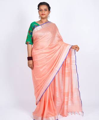 Peach embellished cotton linen bhagalpuri ethnic saree with unstitched blouse 1