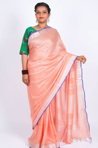Peach embellished cotton linen bhagalpuri ethnic saree with unstitched blouse