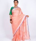 Peach embellished cotton linen bhagalpuri ethnic saree with unstitched blouse