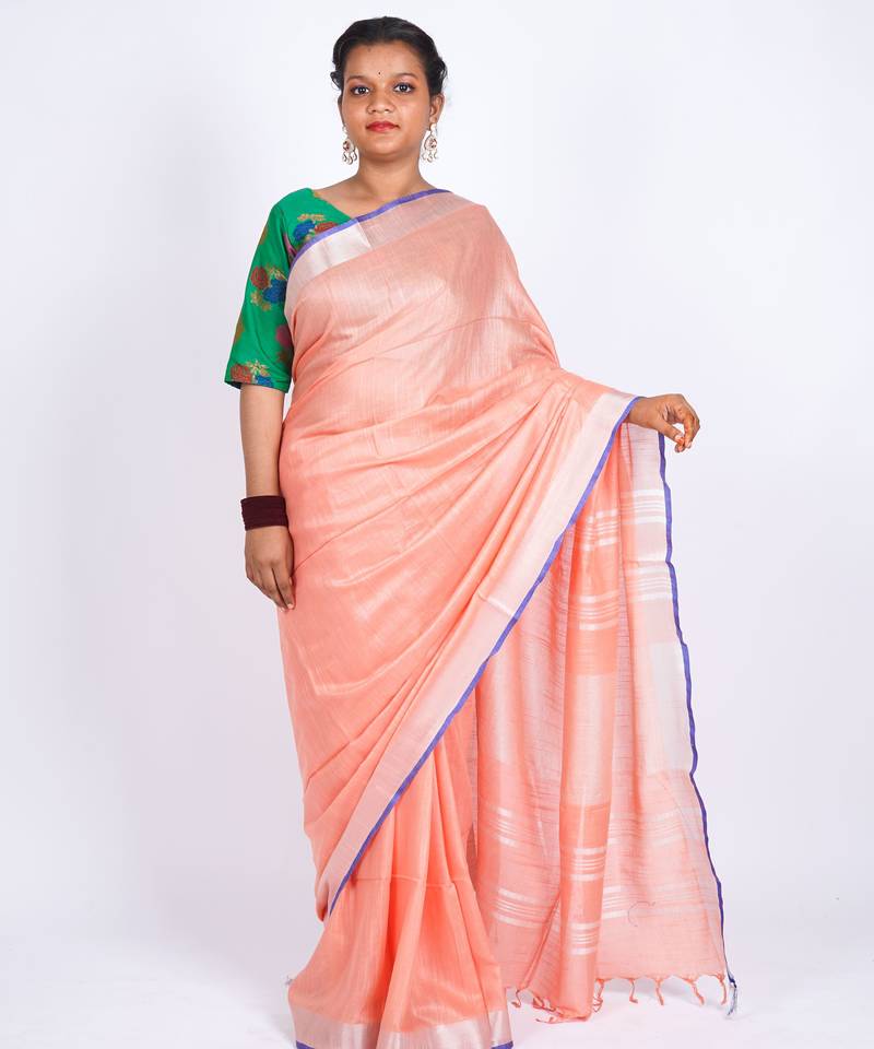 Peach embellished cotton linen bhagalpuri ethnic saree with unstitched blouse