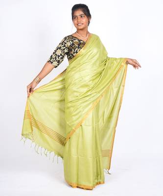 green zari work blended cotton staple bhagalpuri ethnic saree with unstitched blouse 4