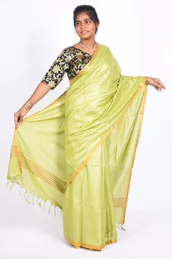 green zari work blended cotton staple bhagalpuri ethnic saree with unstitched blouse