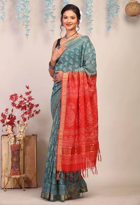 teal green & red zari work cotton silk blend bhagalpuri ethnic saree with unstitched blouse 4