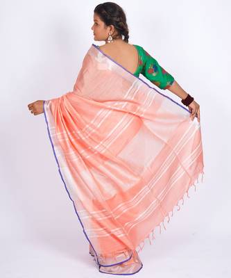Peach embellished cotton linen bhagalpuri ethnic saree with unstitched blouse 2