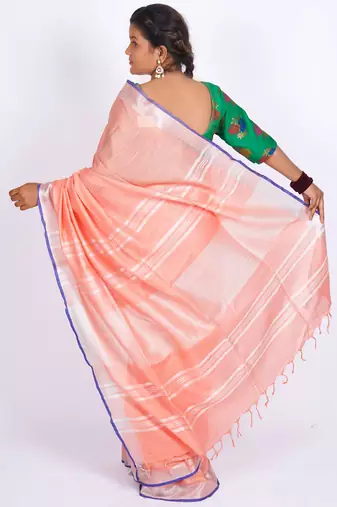 Peach embellished cotton linen bhagalpuri ethnic saree with unstitched blouse