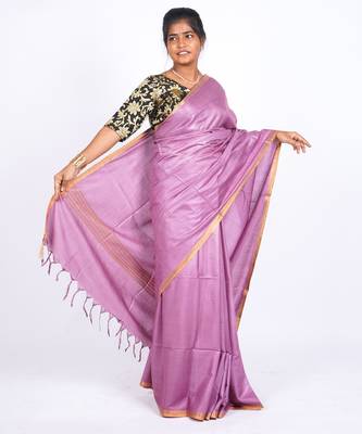 levender zari work blended cotton staple bhagalpuri ethnic saree with unstitched blouse 3