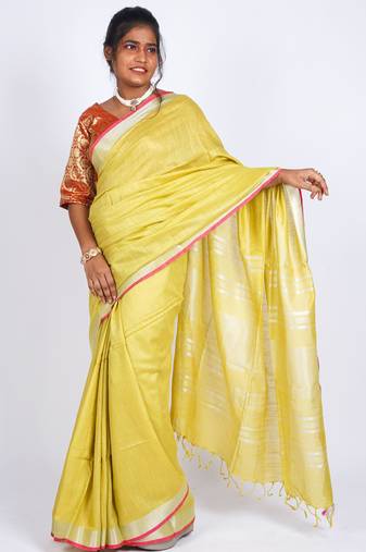 Yellow embellished cotton linen bhagalpuri ethnic saree with unstitched blouse