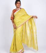 Yellow embellished cotton linen bhagalpuri ethnic saree with unstitched blouse
