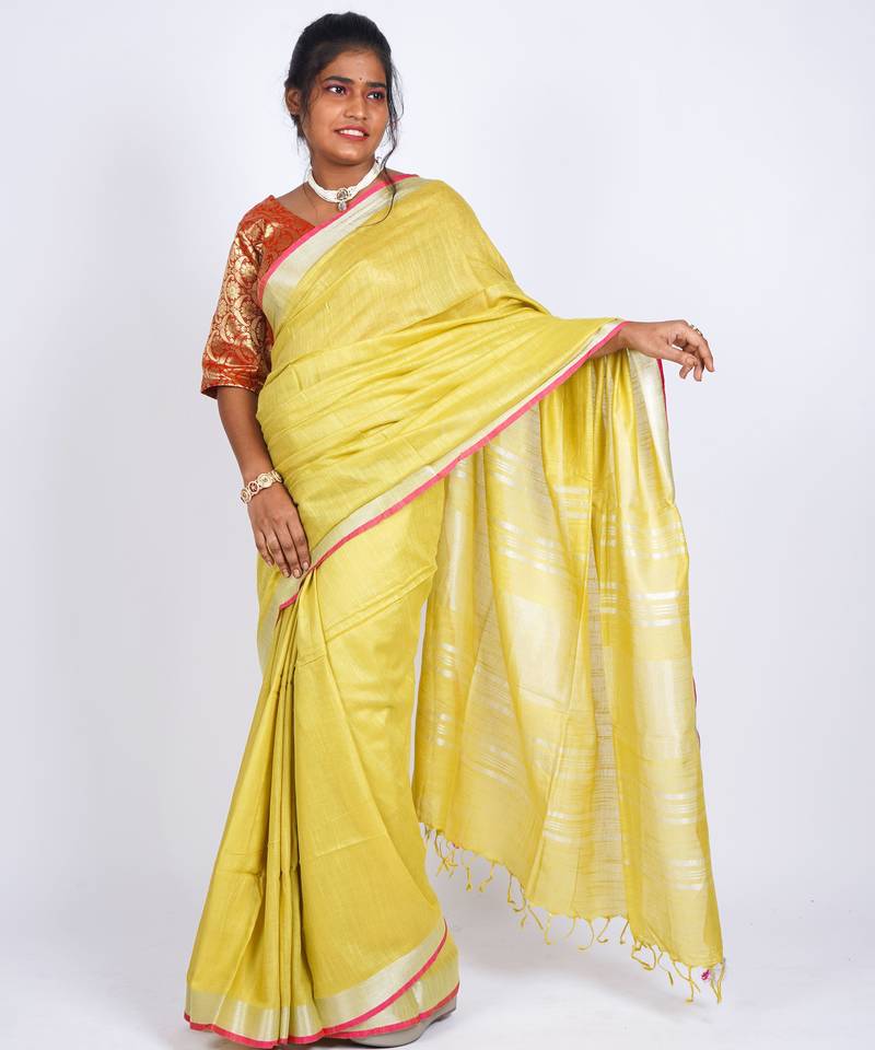 Yellow embellished cotton linen bhagalpuri ethnic saree with unstitched blouse