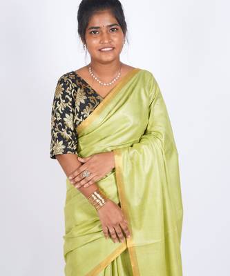 green zari work blended cotton staple bhagalpuri ethnic saree with unstitched blouse 5