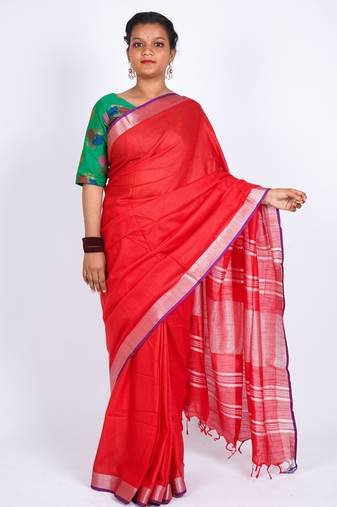 Red embellished cotton linen bhagalpuri ethnic saree with unstitched blouse