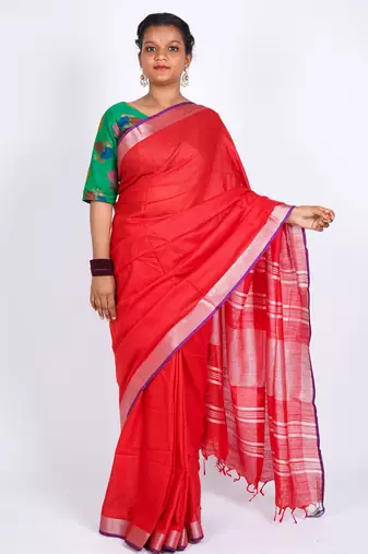 Red embellished cotton linen bhagalpuri ethnic saree with unstitched blouse