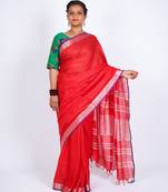 Red embellished cotton linen bhagalpuri ethnic saree with unstitched blouse