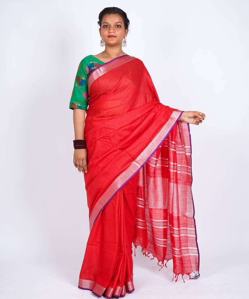 Red embellished cotton linen bhagalpuri ethnic saree with unstitched blouse