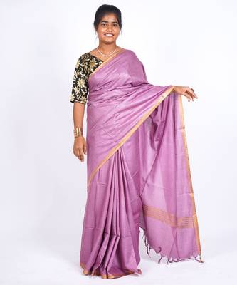 levender zari work blended cotton staple bhagalpuri ethnic saree with unstitched blouse 4