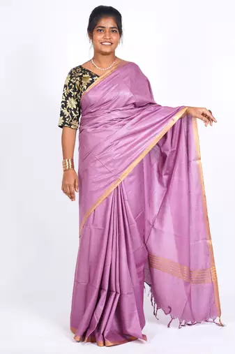 levender zari work blended cotton staple bhagalpuri ethnic saree with unstitched blouse