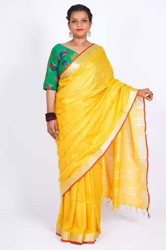 Yellow embellished cotton linen bhagalpuri ethnic saree with unstitched blouse