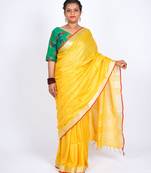 Yellow embellished cotton linen bhagalpuri ethnic saree with unstitched blouse