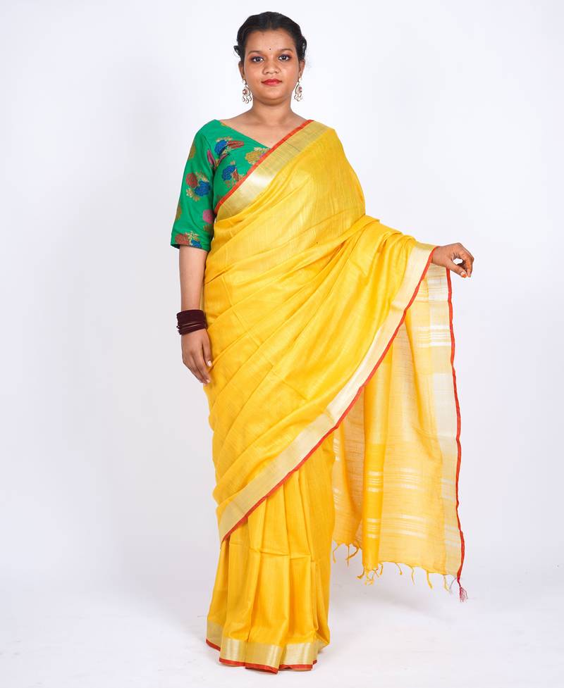 Yellow embellished cotton linen bhagalpuri ethnic saree with unstitched blouse