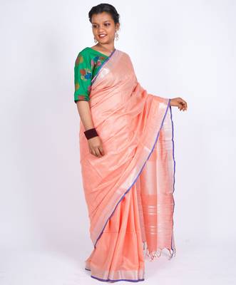 Peach embellished cotton linen bhagalpuri ethnic saree with unstitched blouse 3