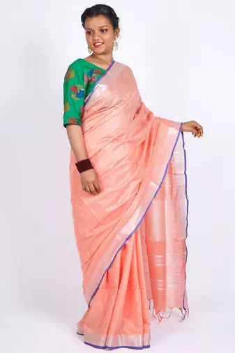 Peach embellished cotton linen bhagalpuri ethnic saree with unstitched blouse