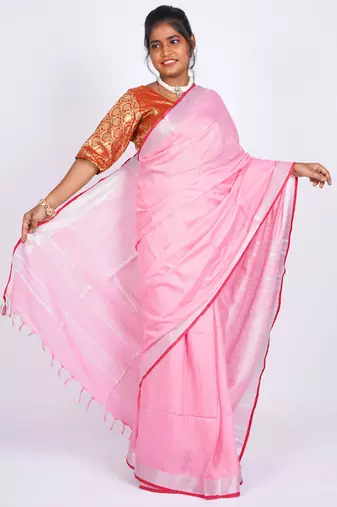 Pastle pink embellished cotton linen bhagalpuri ethnic saree with unstitched blouse