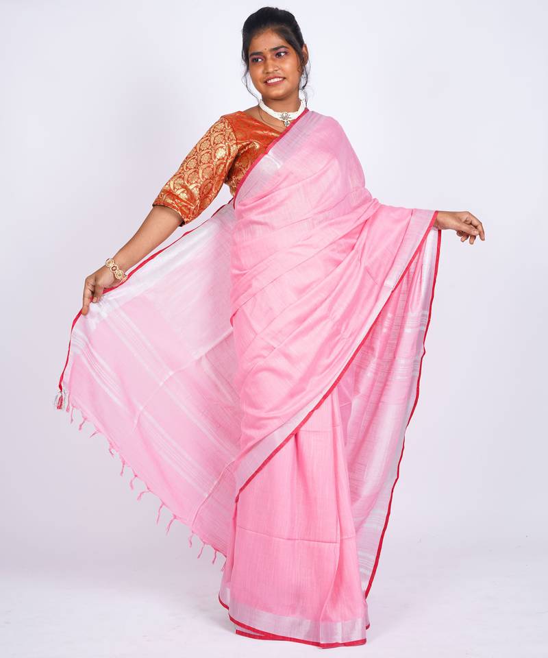Pastle pink embellished cotton linen bhagalpuri ethnic saree with unstitched blouse